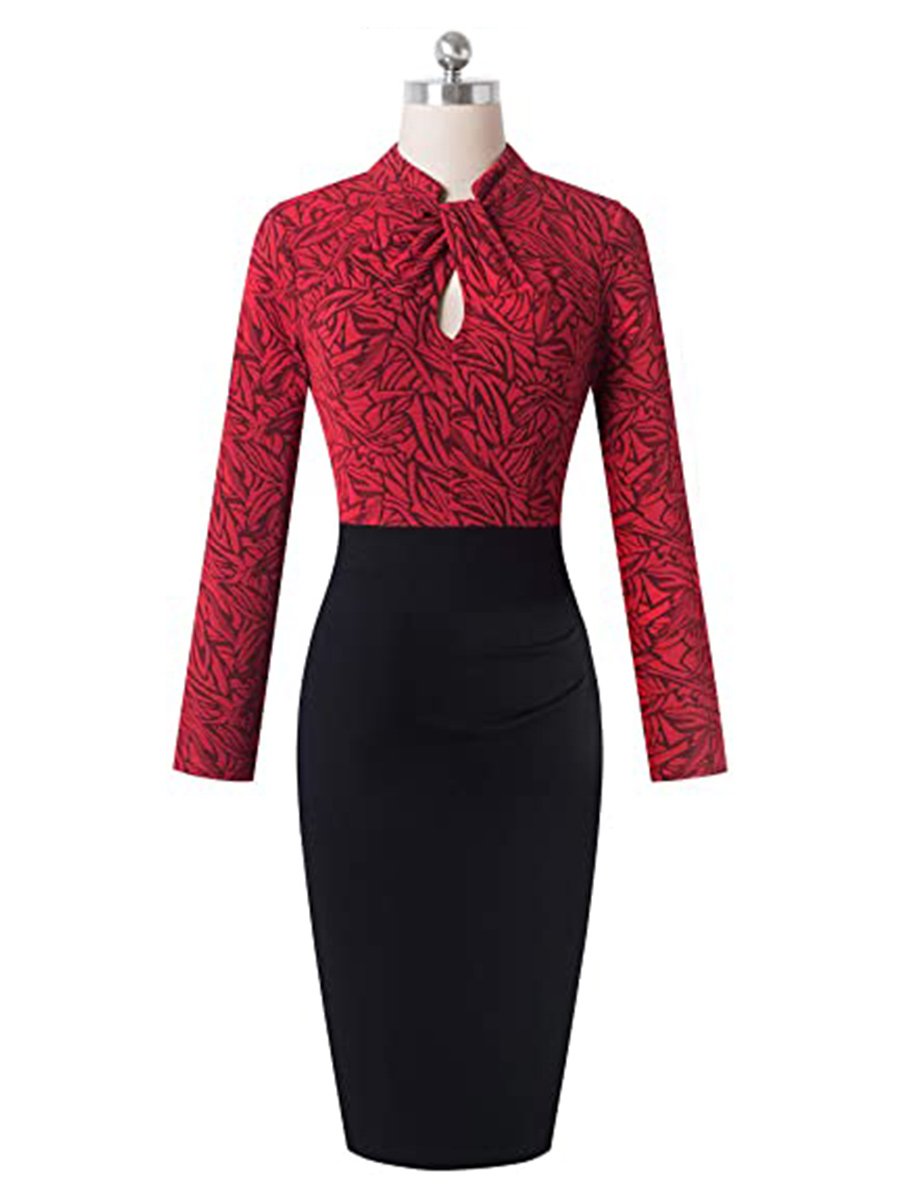 Women's Work Dress Floral Long Sleeve Hollow Out Pencil Dress