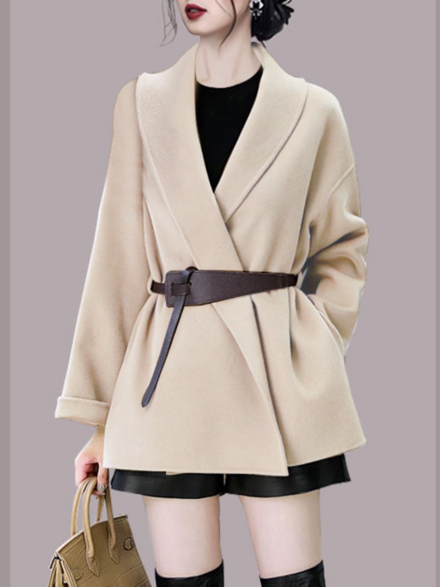 Women's Winter Coats Cross V-neck Long Sleeve Belt Casual Woolen Jackets