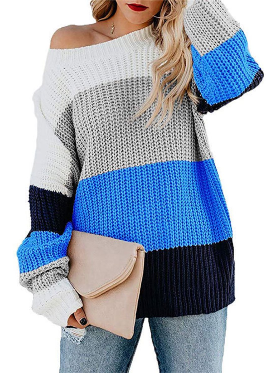 Women's Sweaters Crew Neck Long Sleeve Color Block Knit Pullover Sweaters