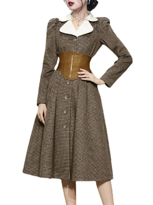 Women's Wool Coats Petal Collar Puff Sleeve Houndstooth Corset Single Breasted Coats