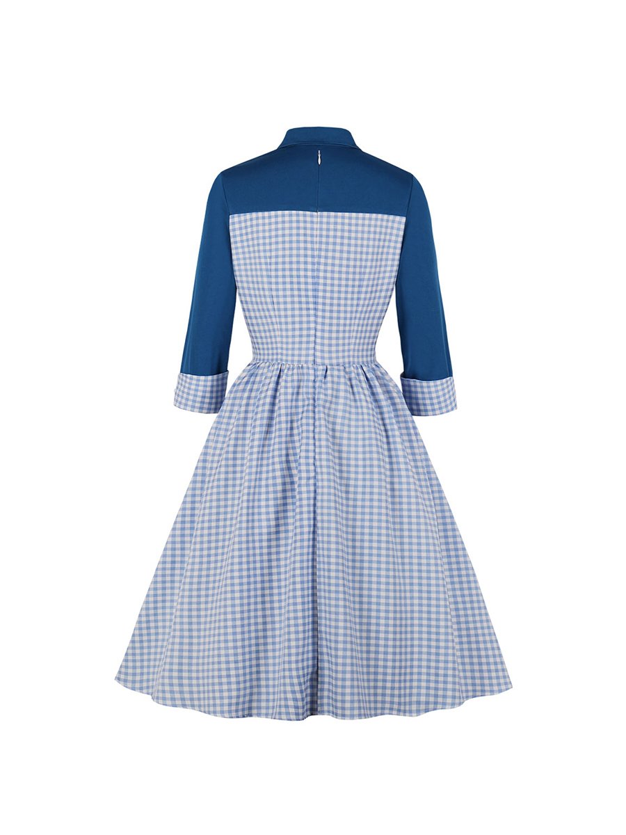 1950s Dress 3/4 Sleeve Grid A-line Swing Dress