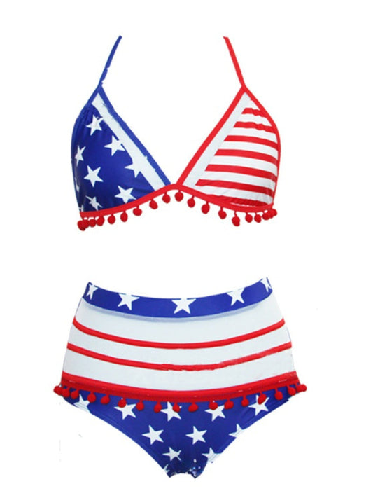 Women‘s’ Swimsuit American Flag Tassel Halter Two Piece Beach Swimwear Bikini Set