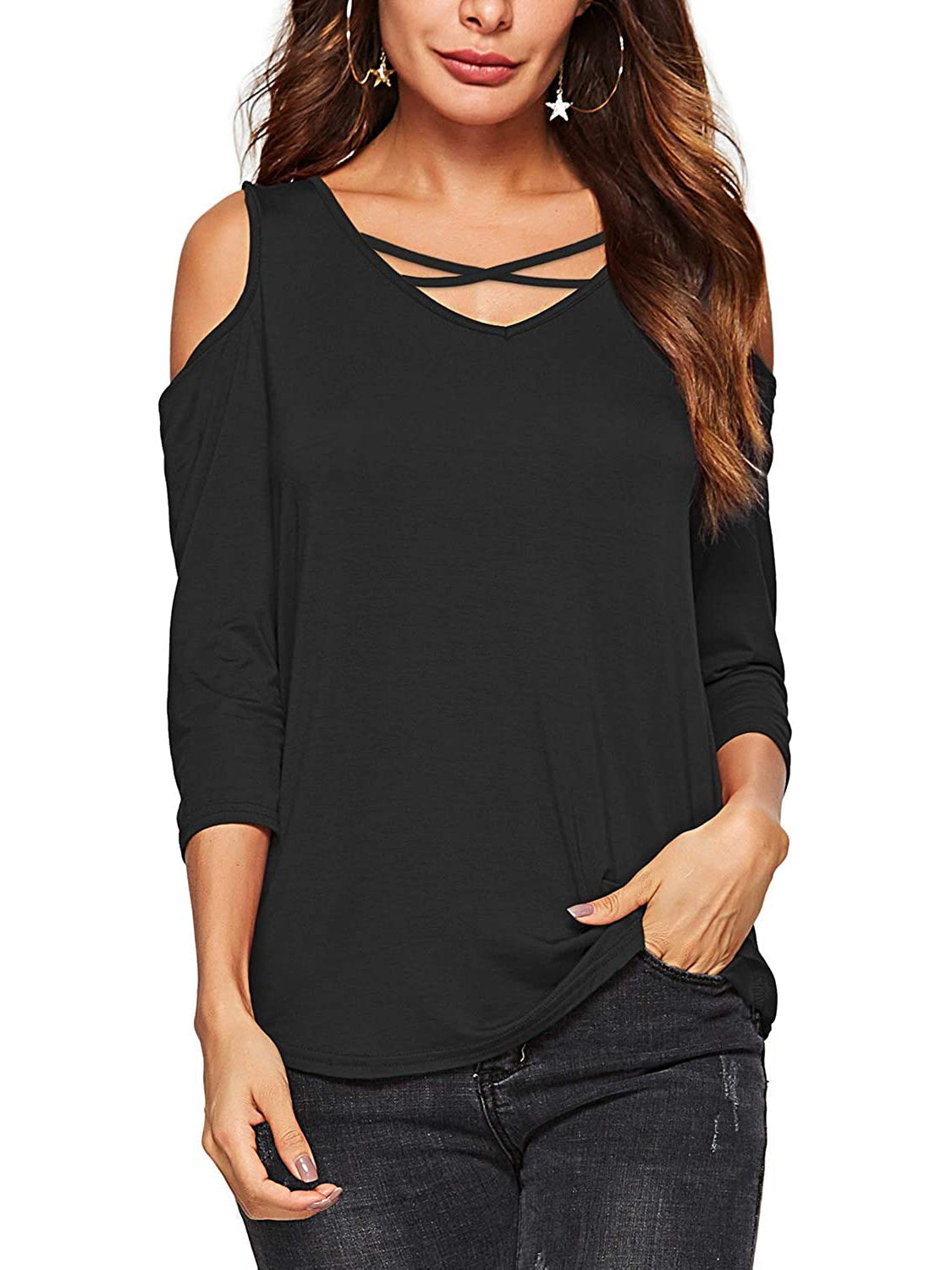 Women's Summer Shirts V Neck Criss Cross Casual Cold Shoulder Tops