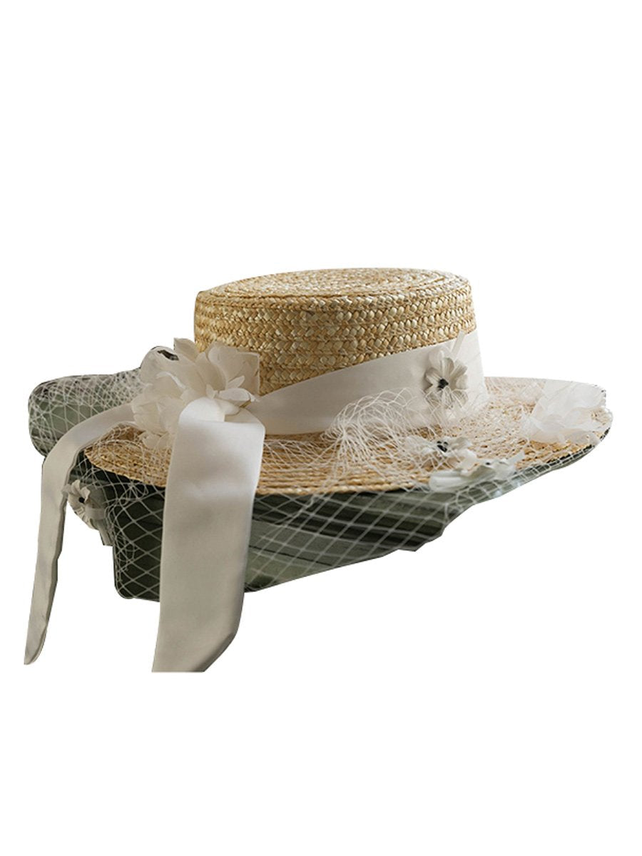 Women's Vintage Bridal Top Hat Mesh Flower Bow Tie Elegant Straw Hat