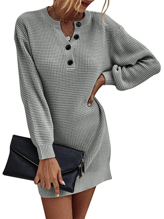 Women's Winter Dress Solid Color Breasted V-neck Long Sleeve Knitted Sweater