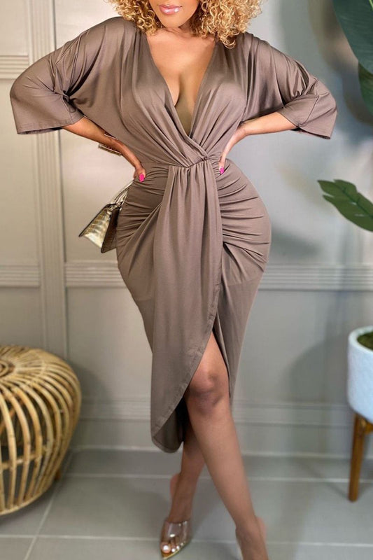 Wrap Ruched Tulip Hem Plunging Neck Dress