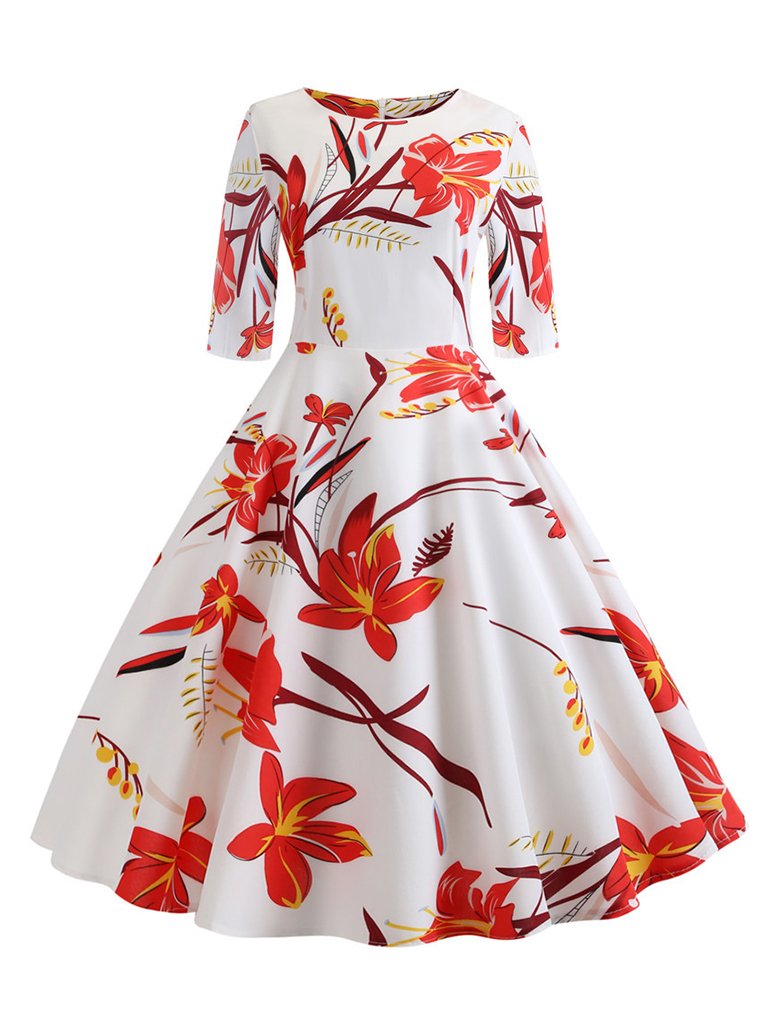 Womens Half Sleeve Dress Floral Print  Elegant Office A-line Dress