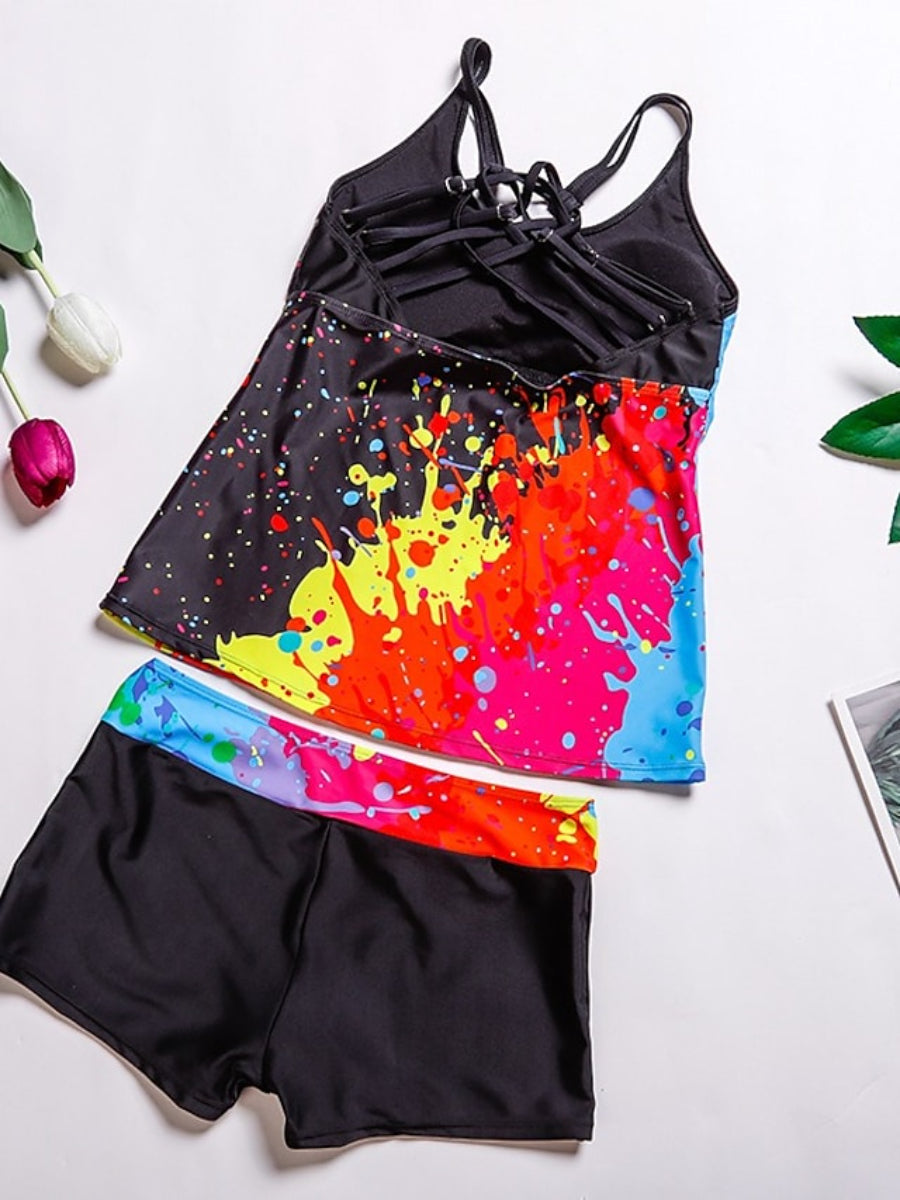 Women's Swimwear Plus Size Color Block Tie Dye Rainbow Two Piece Swimsuit