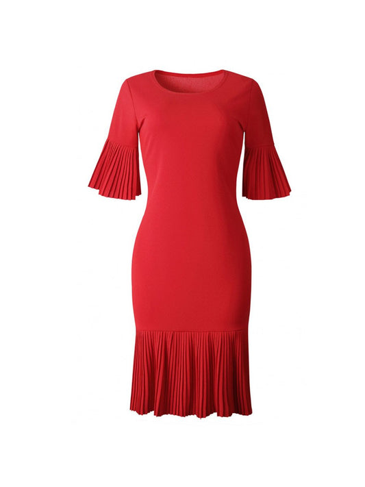 Womens Dress Pleated Details Flare Sleeve Draped Midi Dress