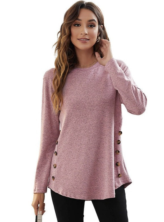 Women's T-shirts Round Neck Long Sleeve Button Casual Pullover Tops