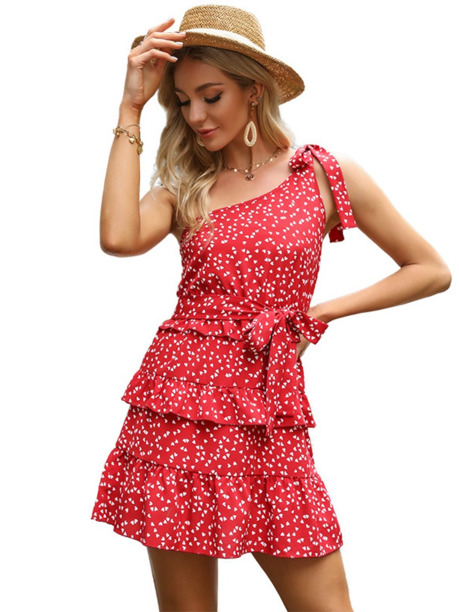 Women's Spaghetti Strap Dress One Shoulder Bowknot Bandage Ruffled Hem Floral Dresses