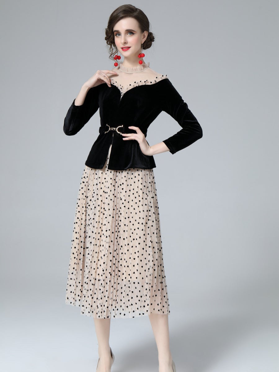 Women's Velvet Jacket Spliced See-through Top Polka Dot Pleated Skirt Suits