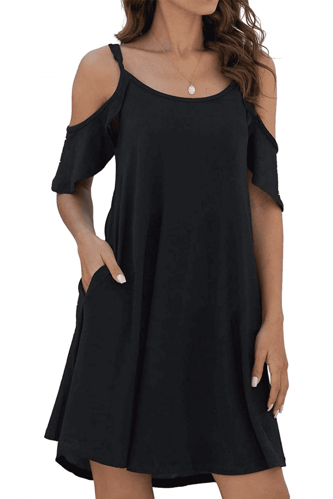 Women'S Summer Casual Spaghetti Strap Sundress Dress Cold Shoulder Ruffle Sleeves Dresses with Pocket