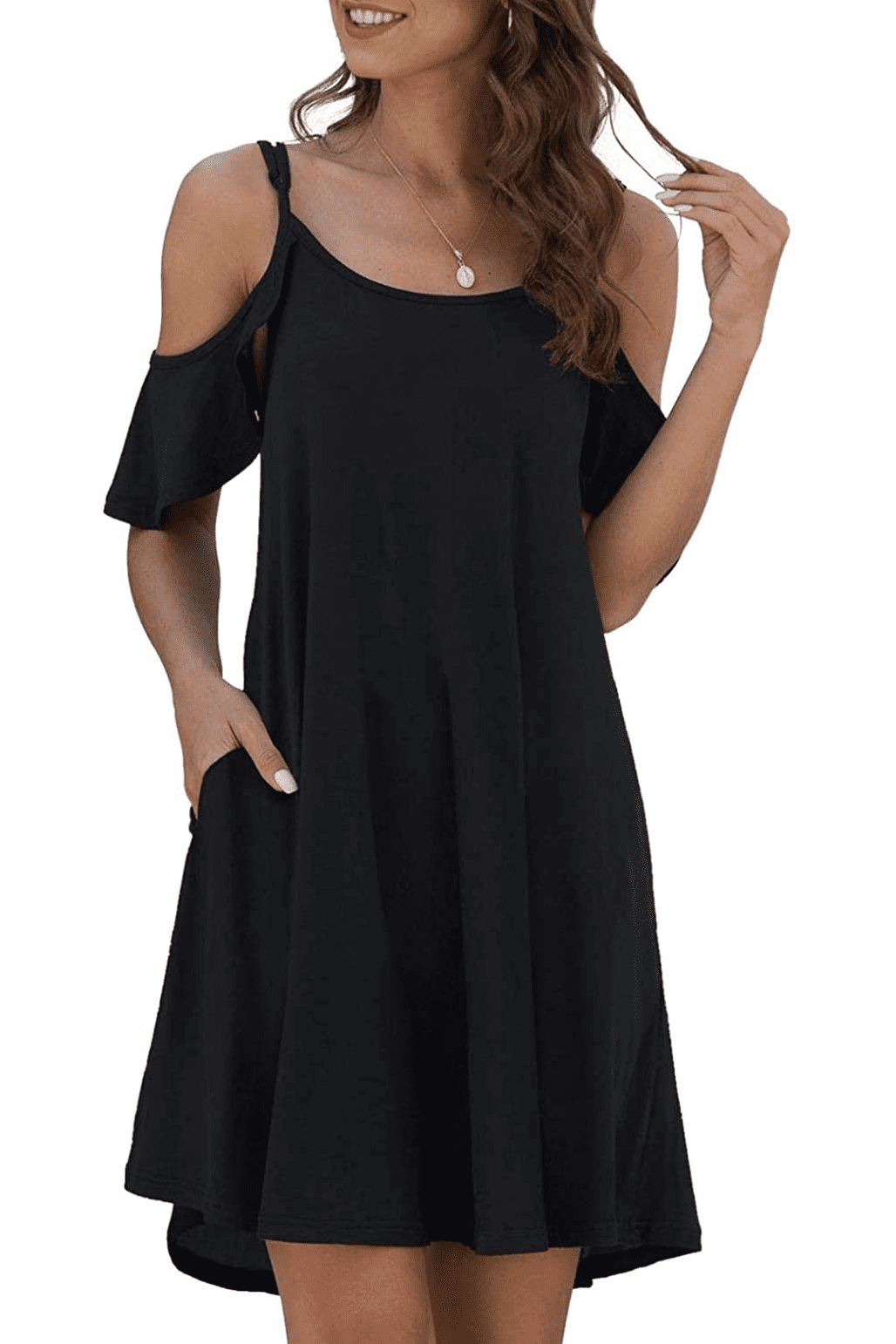 Women'S Summer Casual Spaghetti Strap Sundress Dress Cold Shoulder Ruffle Sleeves Dresses with Pocket