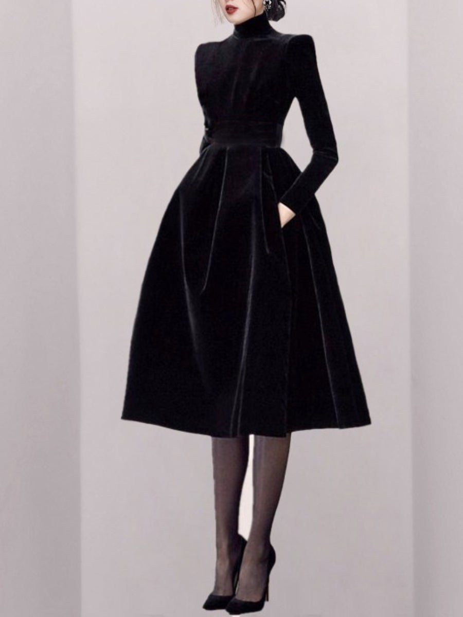 Women's Velvet Dress Turtleneck Long Sleeve Pocket High Waist Swing Dress