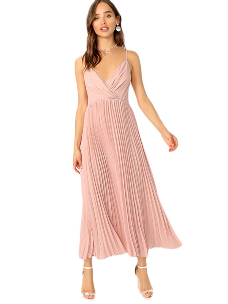 Womens Casual Dress V-neck Pleated Spaghetti Strap Long Dress