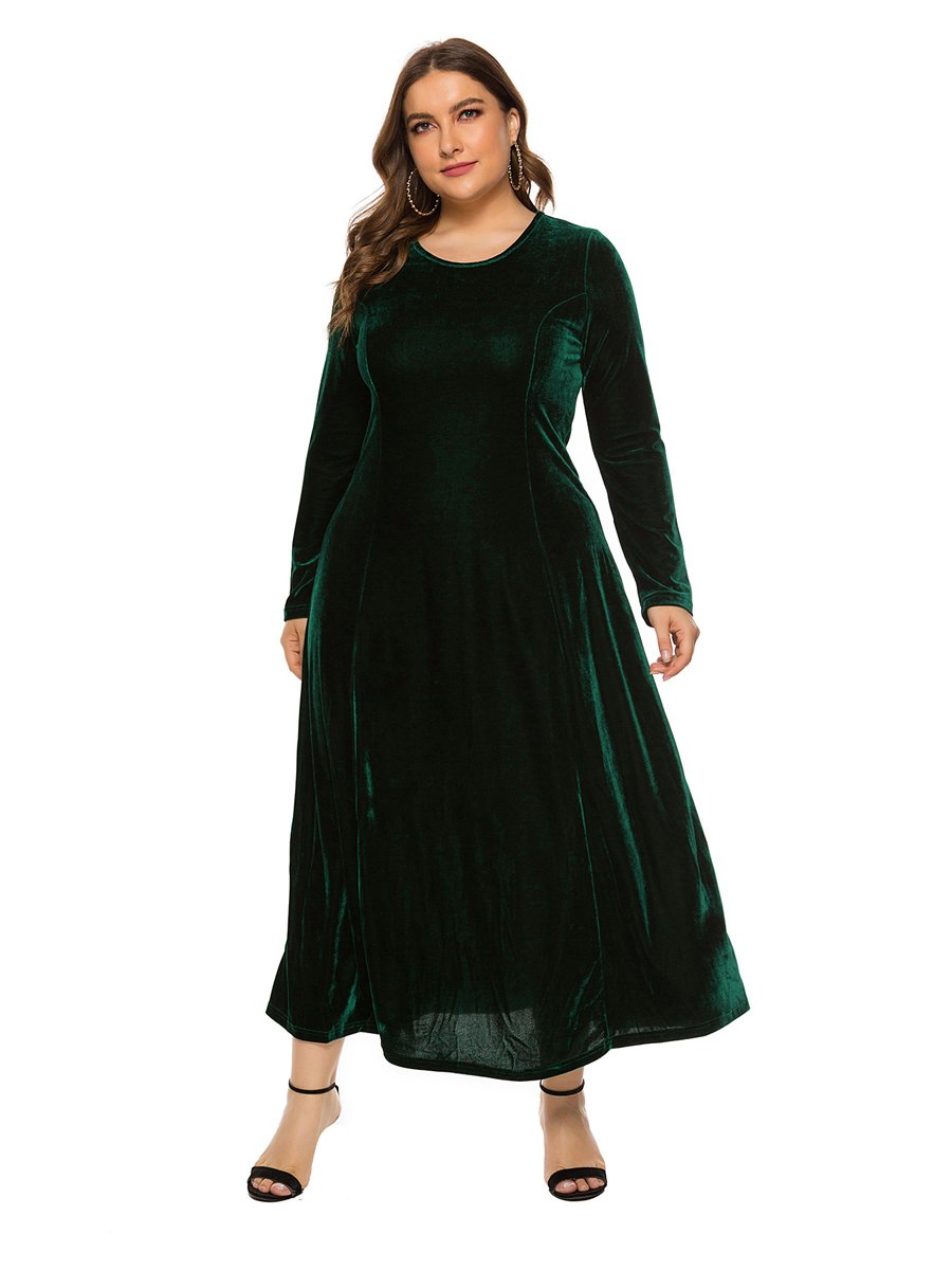 Women's Velvet Dress Round Neck Long Sleeve A-line Plus Size Dress