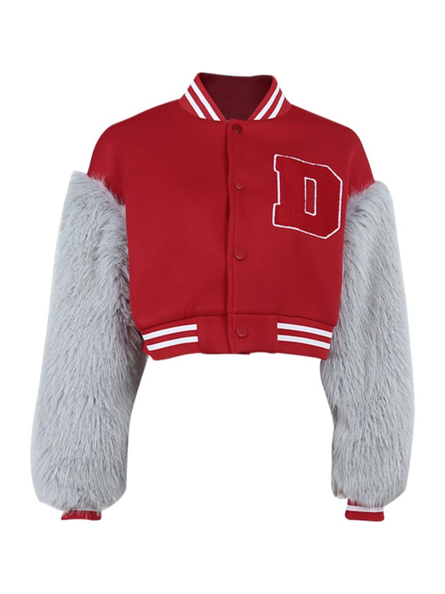 Y2k Fashion Baseball Jacket Fur Patchwork Letterman Jacket Coat