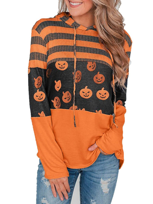 Women's Top Halloween Pumpkin Ghost Stripe Floral Hooded Sweatshirt