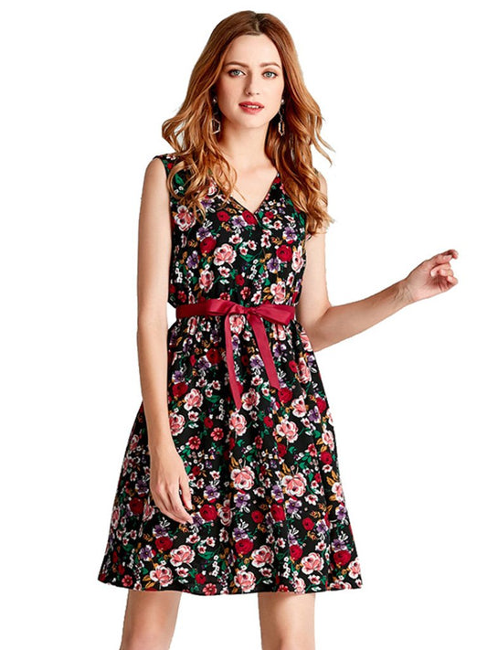 Womens Floral Dress V Neck Sexy Sleeveless Party Dress