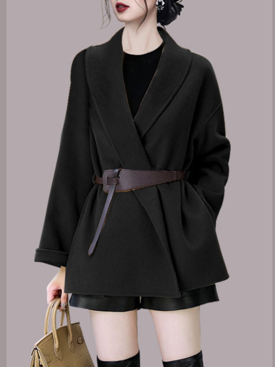 Women's Winter Coats Cross V-neck Long Sleeve Belt Casual Woolen Jackets