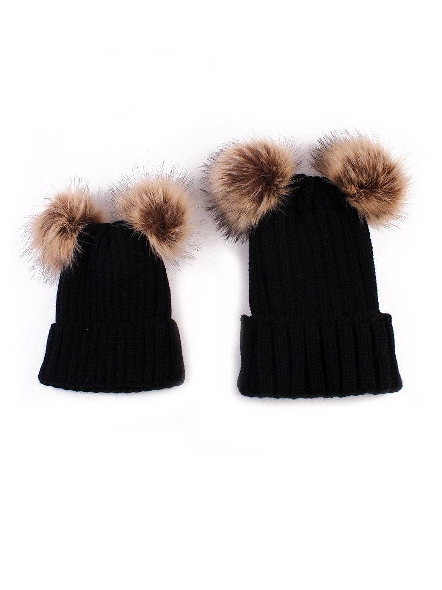 Woollen Hats Solid Color Parent-child Double Wool Ball Elasticity Knitted Hat