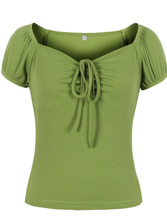 Women's T Shirts Solid Color Pleated Drawstring Front Bodycon Top