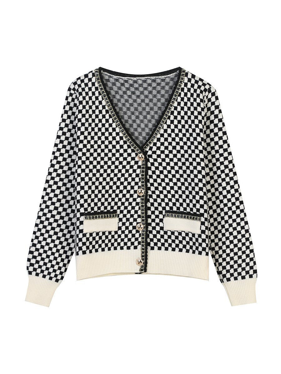 Women's Sweaters V-neck Long Sleeve Checkerboard Pocket Loose Knitted Cardigans