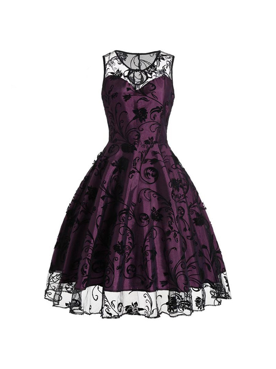 1950s Style Sleeveless Swing Dress Lace Flower Print A-line Dress