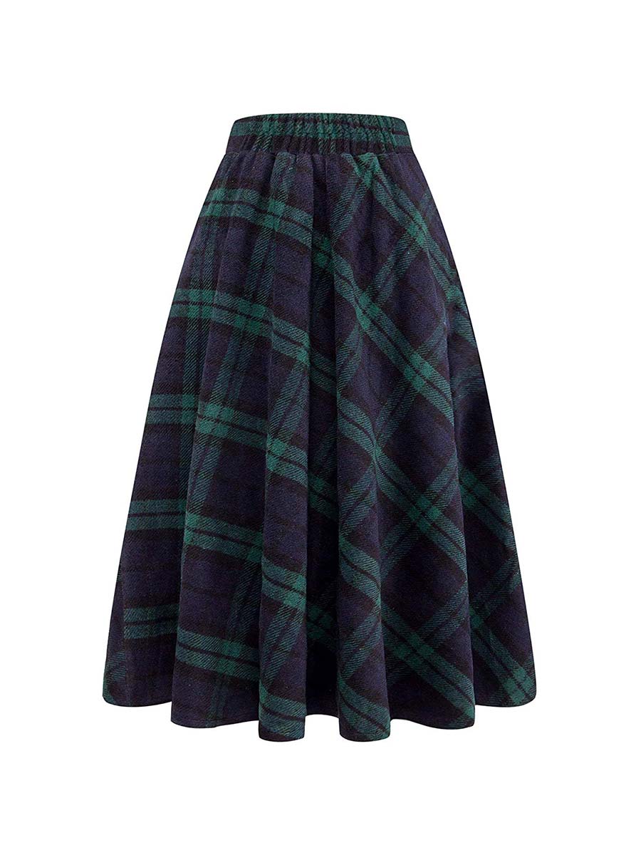 Womens Skirt High Elastic Plaid A-line Ankle-Length Skirt