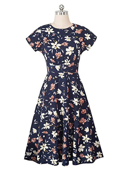 Women's Swing Dress Dark Floral Round Neck Ruched Casual Midi Dress