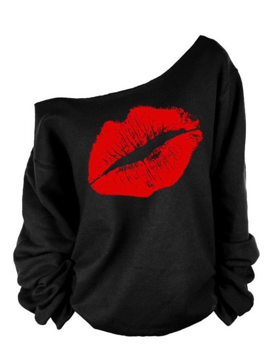 Women's Sweatshirt Lips Print Off the Shoulder Sexy Oversized Pullovers