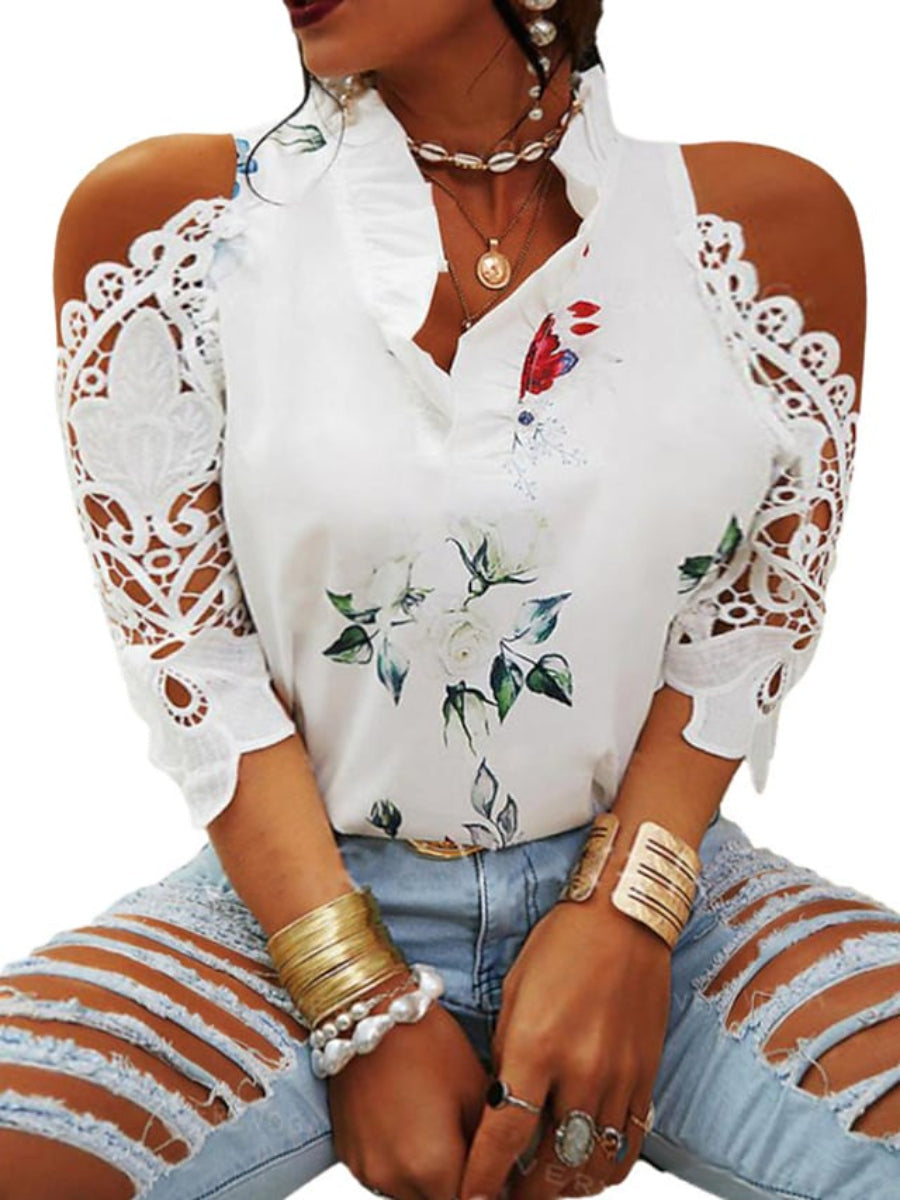 Women's Tops Floral Print 3/4 Length Sleeve V-Neck Off Shoulder Plus Size Tops