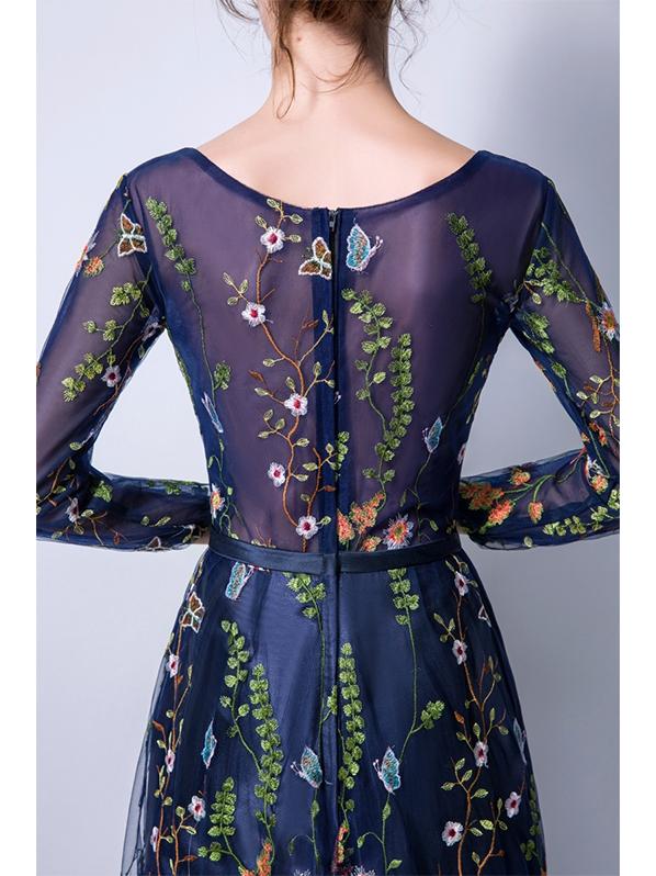 Womens Formal Dress Flowers Embroidery Long Sleeve Evening Dress