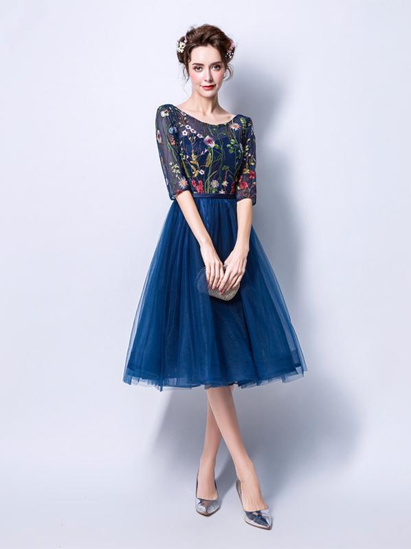 Womens Dress Half Sleeve Embroidery Prom Dress Knee Length Party Dress