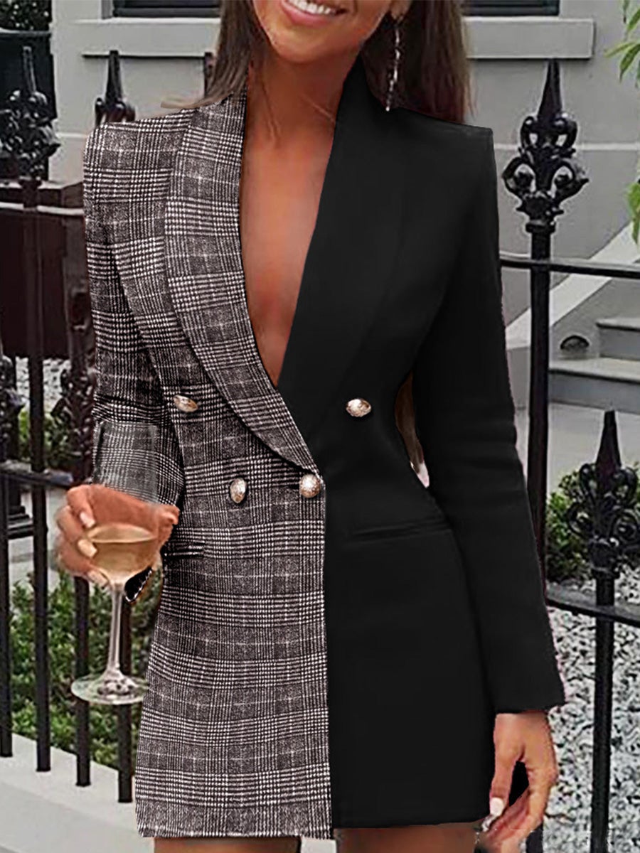 Women's Suit Dress Colorblock Plaid Patchwork Deep V-Neck Blazer Dress