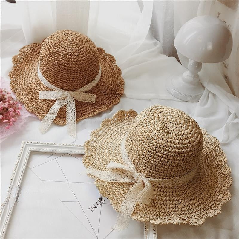 Women's Straw Hat Big Brim Foldable Lace Bowknot Sun Protection Beach Hat