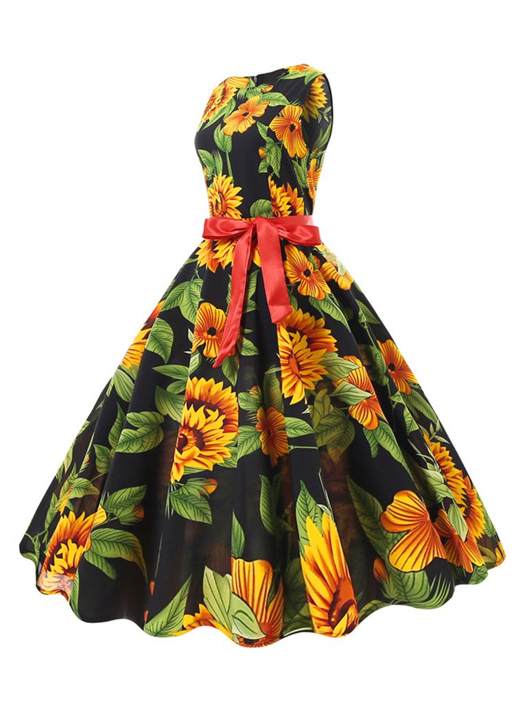 1950s Dress Sunflower Print Elegant A-Line Dresses