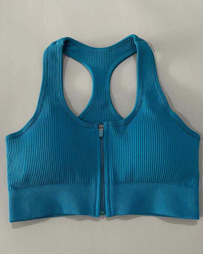 Zip Up Front Ribbed Racer Back Sports Bra