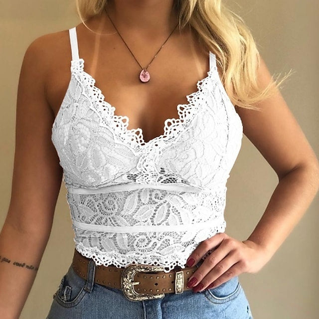 Women's Tank Top Lace Patch Sleeveless V-neck Slim Vintage Top