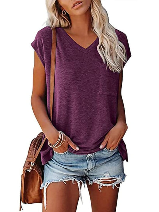 Women's T-shirts V-neck Loose Solid Color Casual Short Sleeve Tops