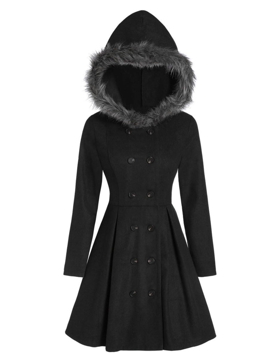 Women's Winter Coat Double Breasted Faux Fur Midi Hooded Dress