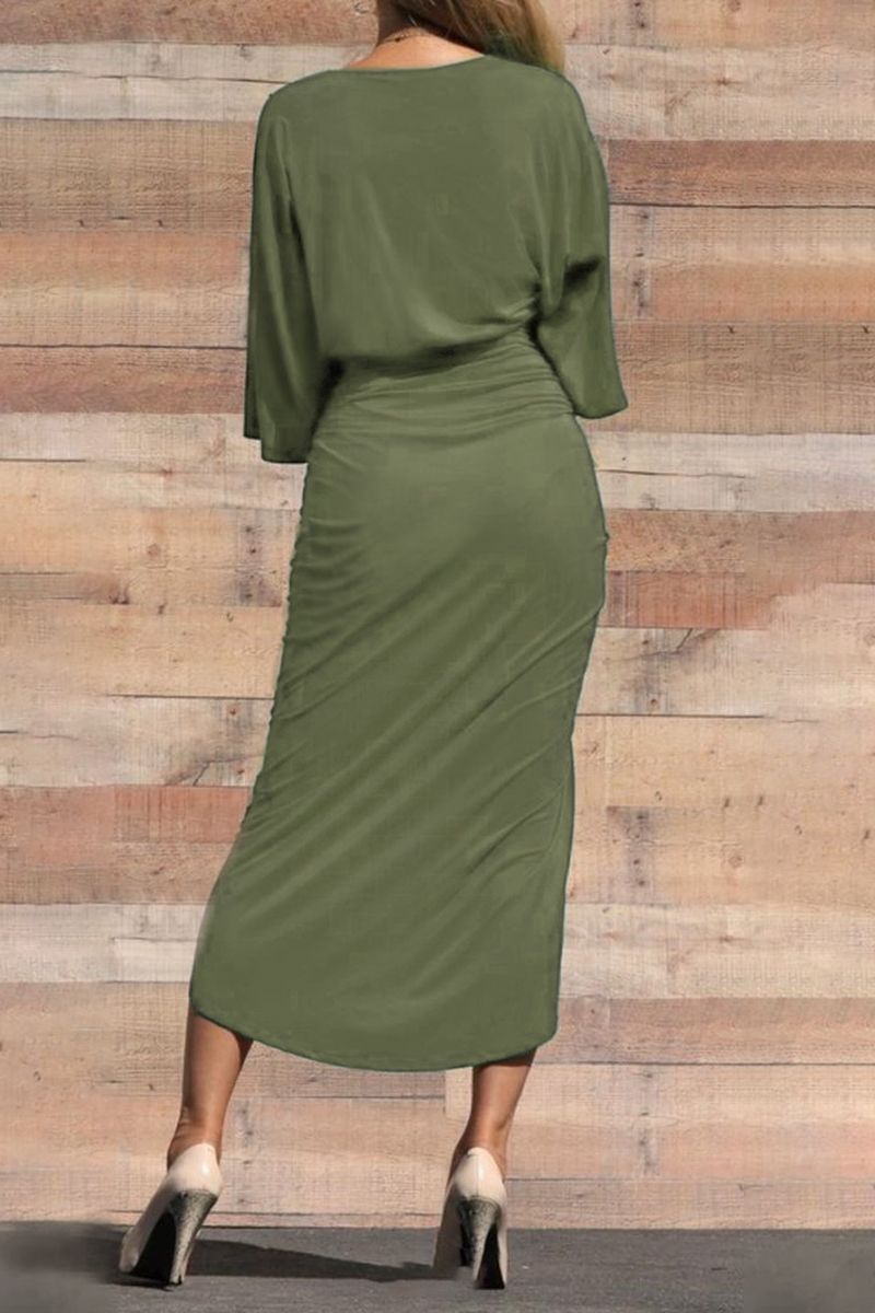 Wrap Ruched Tulip Hem Plunging Neck Dress