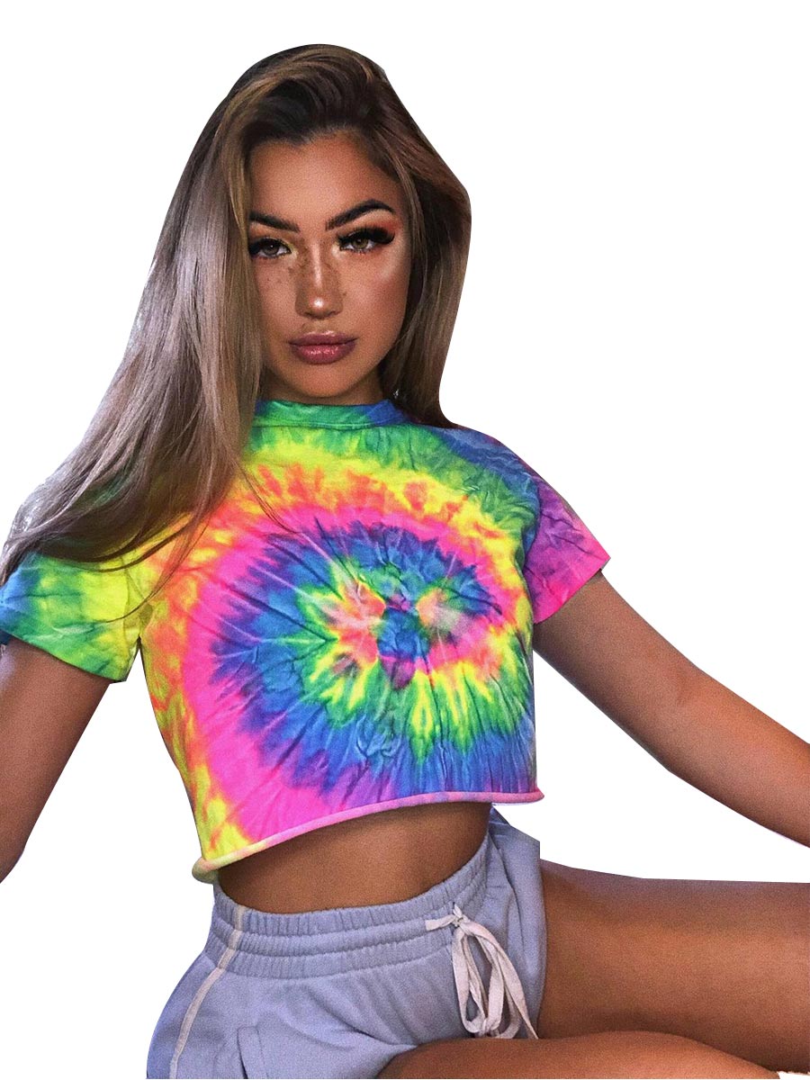 Women's T-shirts Tie-Dye Printed Short Sleeve Navel Bare Crimping Top