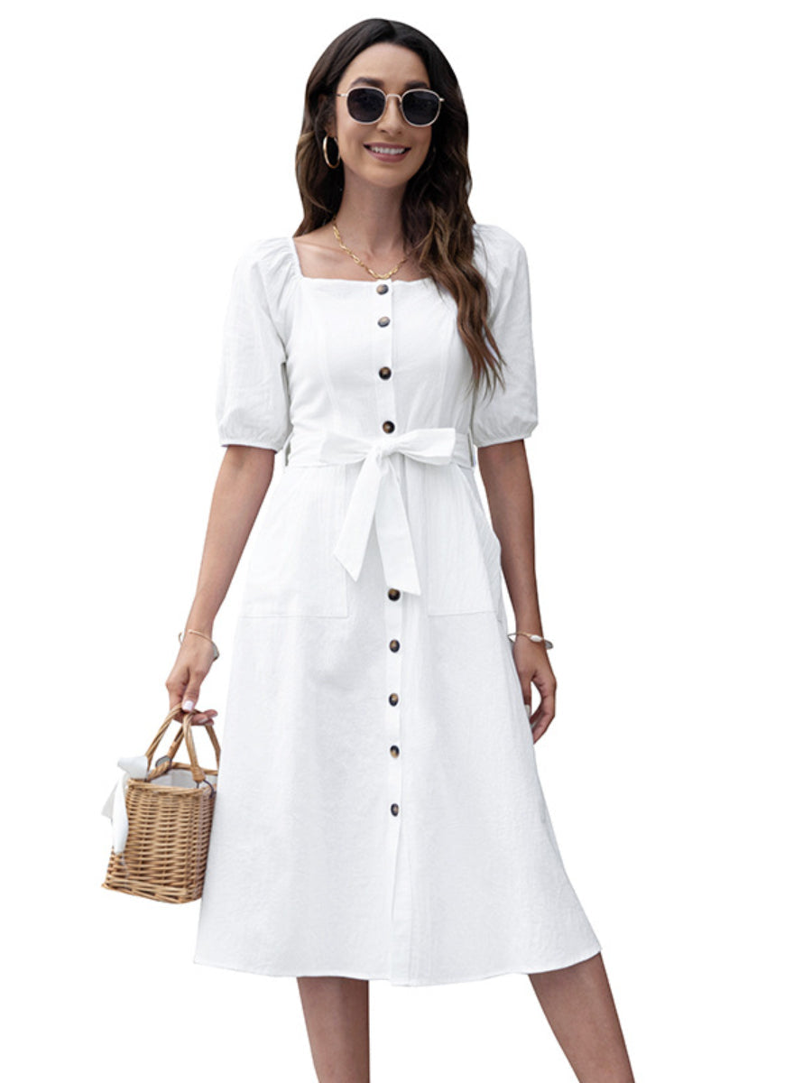 Women's Swing Dress Balloon Sleeves Square Neck Single Breasted Casual Midi Dress