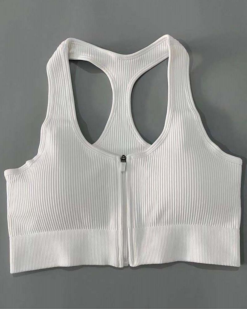 Zip Up Front Ribbed Racer Back Sports Bra