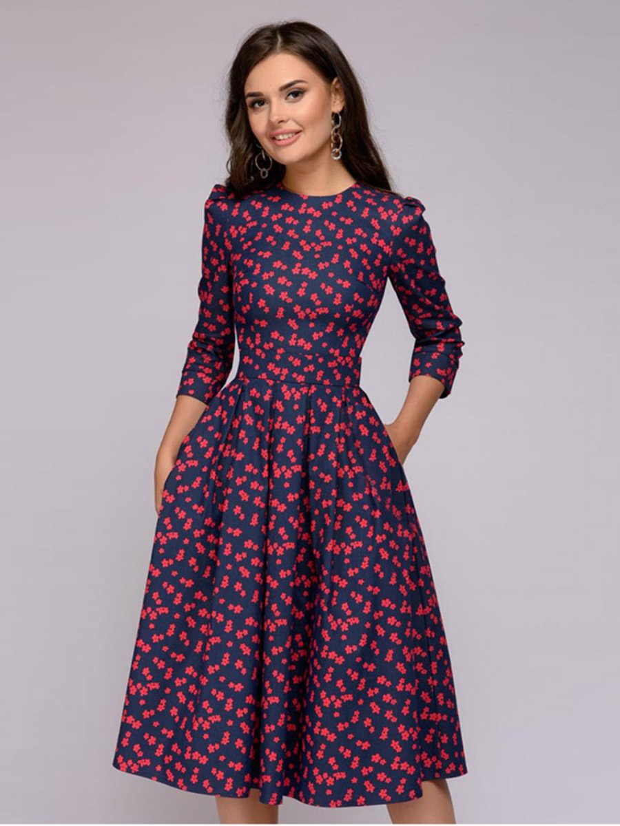 Women's Vintage Dress Floral Print 3/4 Sleeves Midi Evening Dress