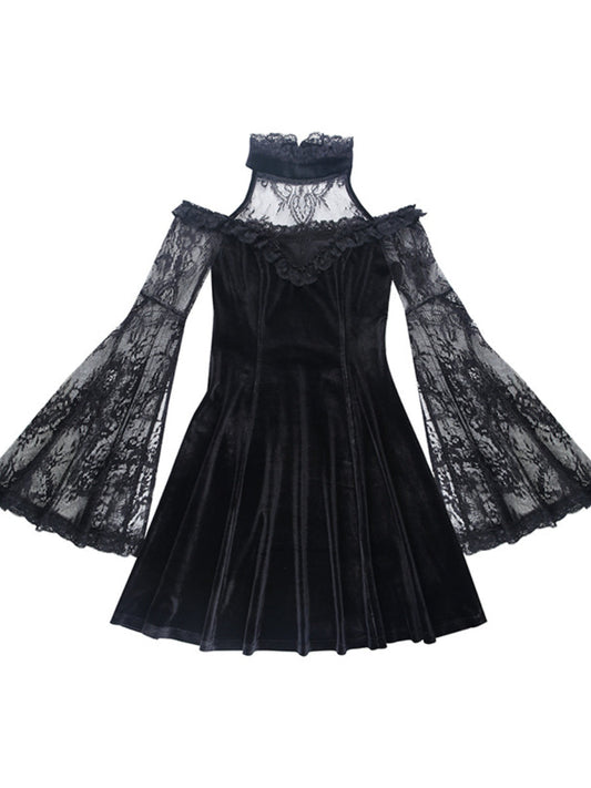 Women's Vintage Halter Dress Lolita Style Lace Patchwork Long Sleeve Dess