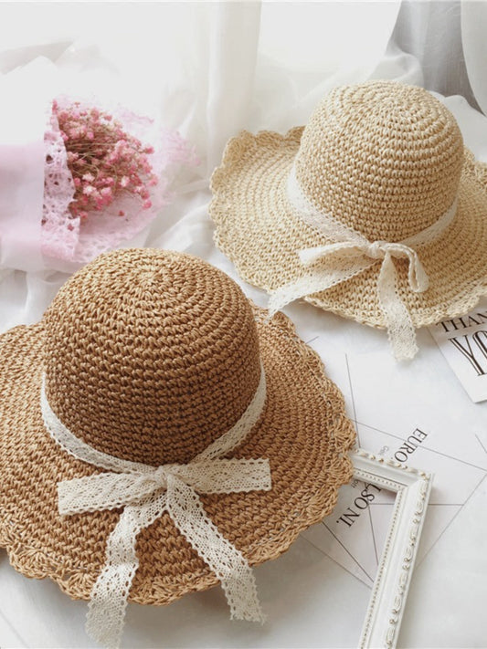 Women's Straw Hat Big Brim Foldable Lace Bowknot Sun Protection Beach Hat