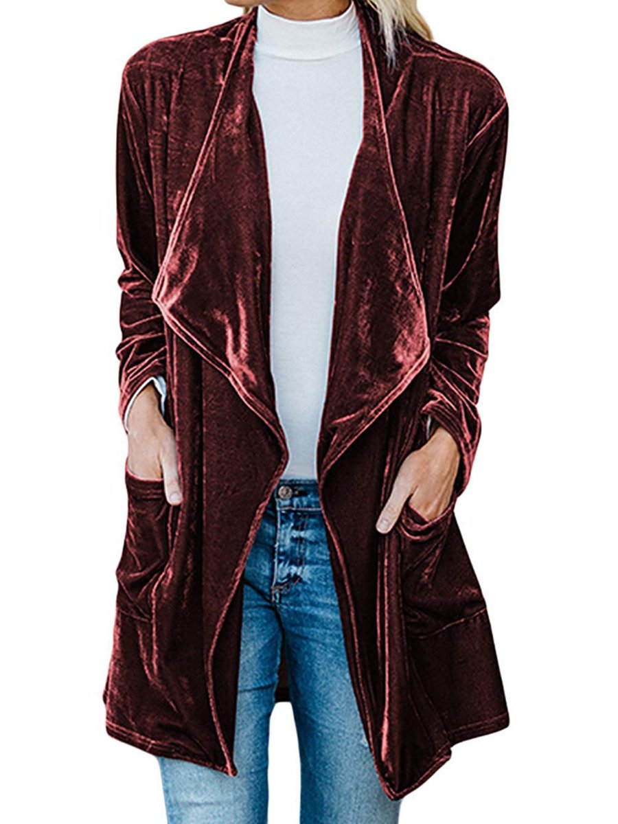 Women's Velvet Jacket Open Front Long Cardigan Coat with Pockets